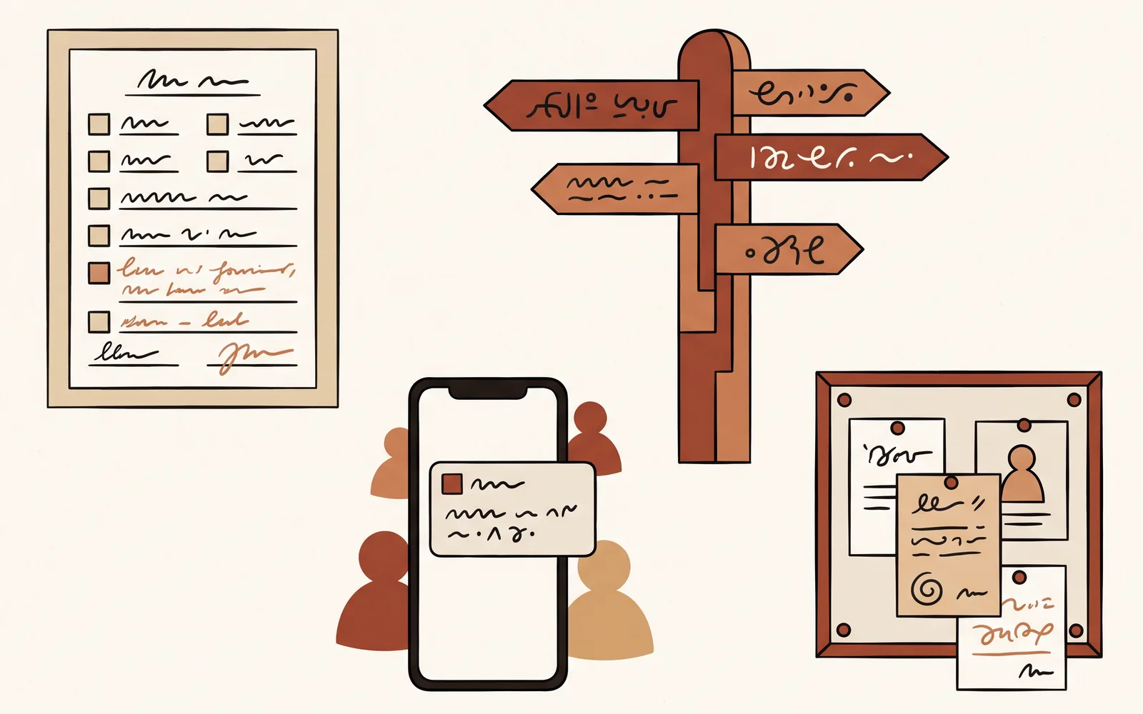 A form, a signpost, a phone and a notice board, each carrying more than one language